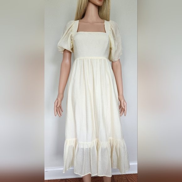 WAYF DRESS Puff sleeves yellow cream striped open back frills midi small NWT - Picture 11 of 16